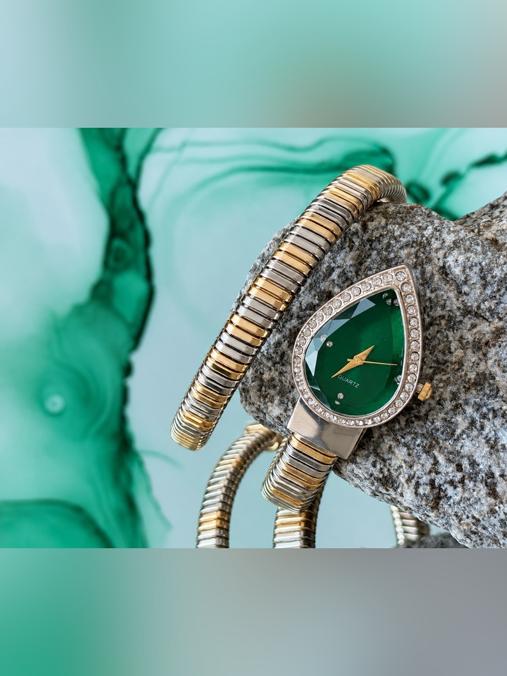 Luxury Green Crystal Snake Wrap Watch | Gold & Silver Two-Tone Bracelet Watch